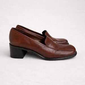 Vintage A la Folie Brown Leather Square Toe Block Heel Loafers Made in Brazil